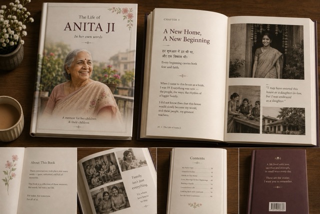 Hardcover Kahani memoir 'The Life of Anita Ji' open to the chapter 'A New Home, A New Beginning' with black-and-white family photographs.