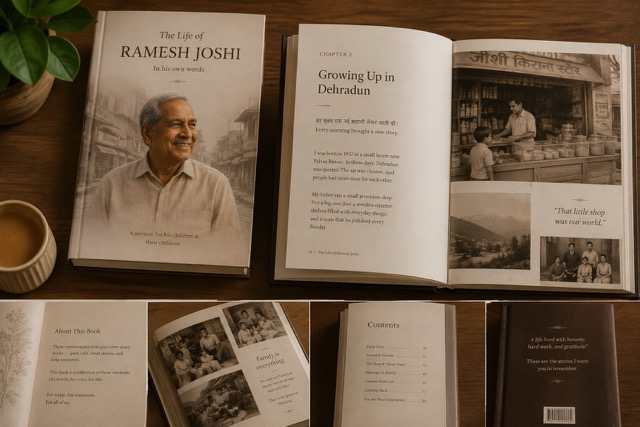 Hardcover Kahani memoir 'The Life of Ramesh Joshi' open to 'Growing Up in Dehradun' with photos of an old provision shop.